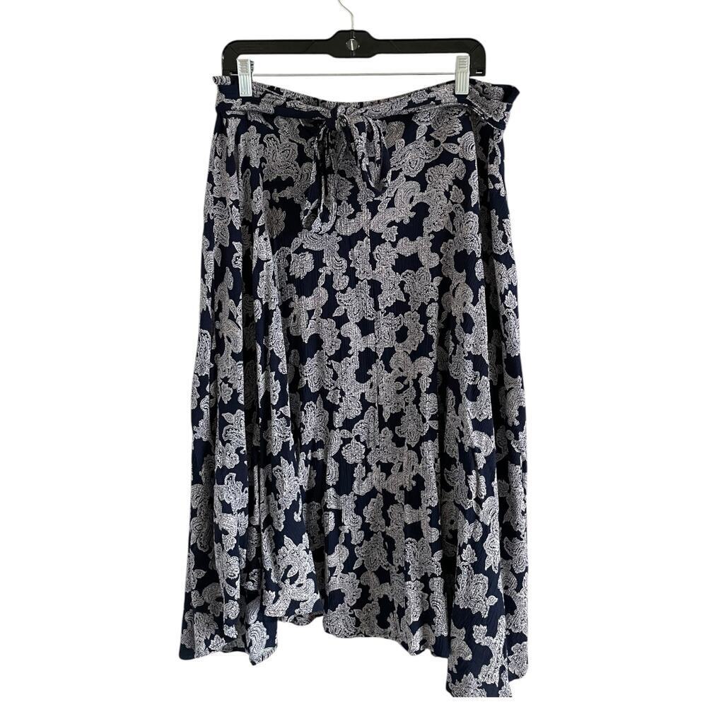 Knox Rose Paisley Print Midi Skirt Navy White Tie Waist XXL